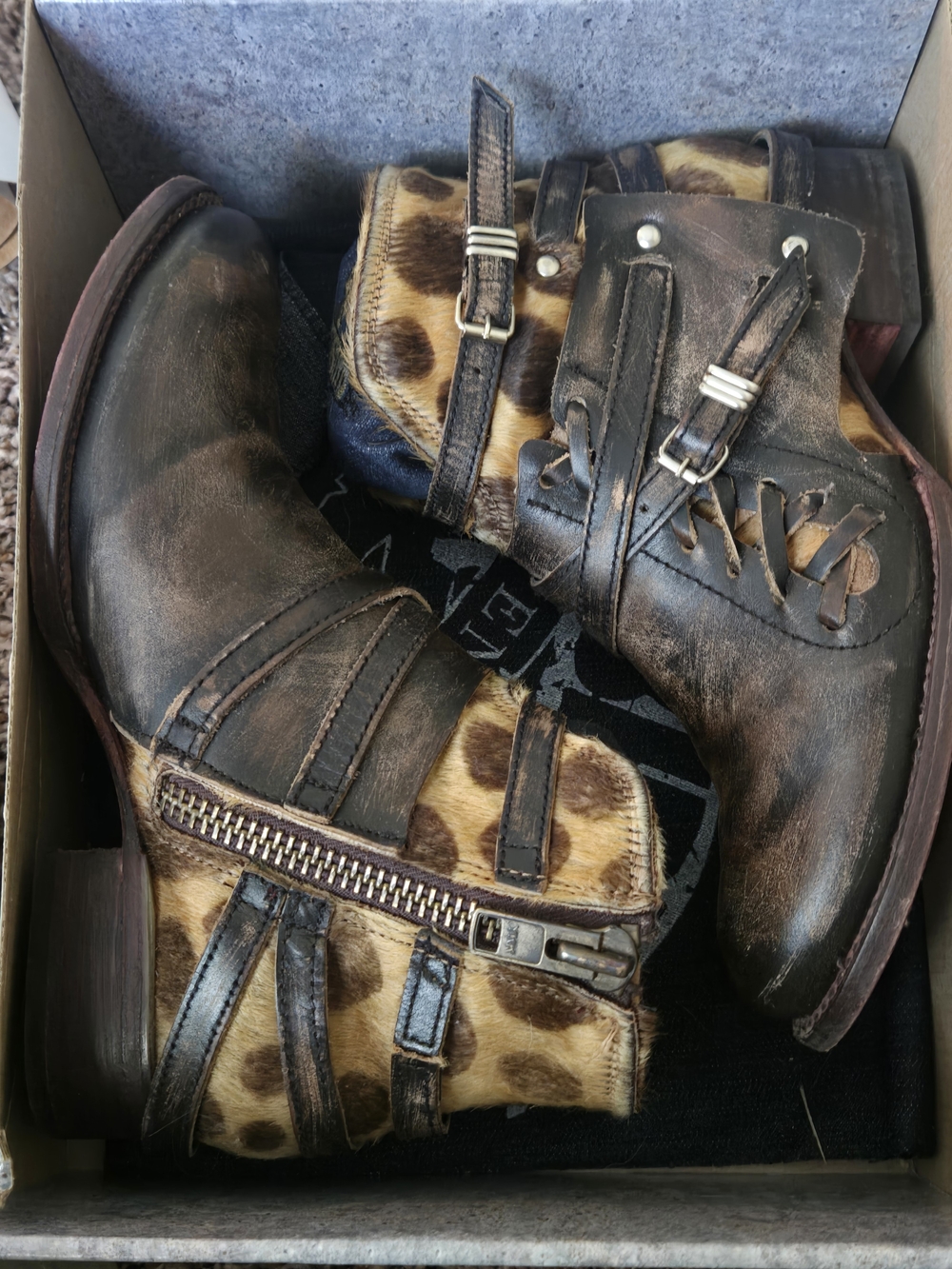 Womens Freebird Brown Distressed Leather Ankle Boots with Leopard Accent